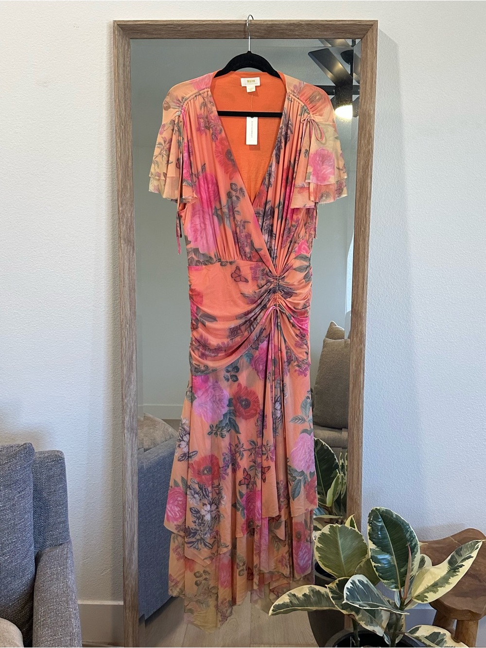 Maeve Peach Floral Ruched Wrap Maxi Dress